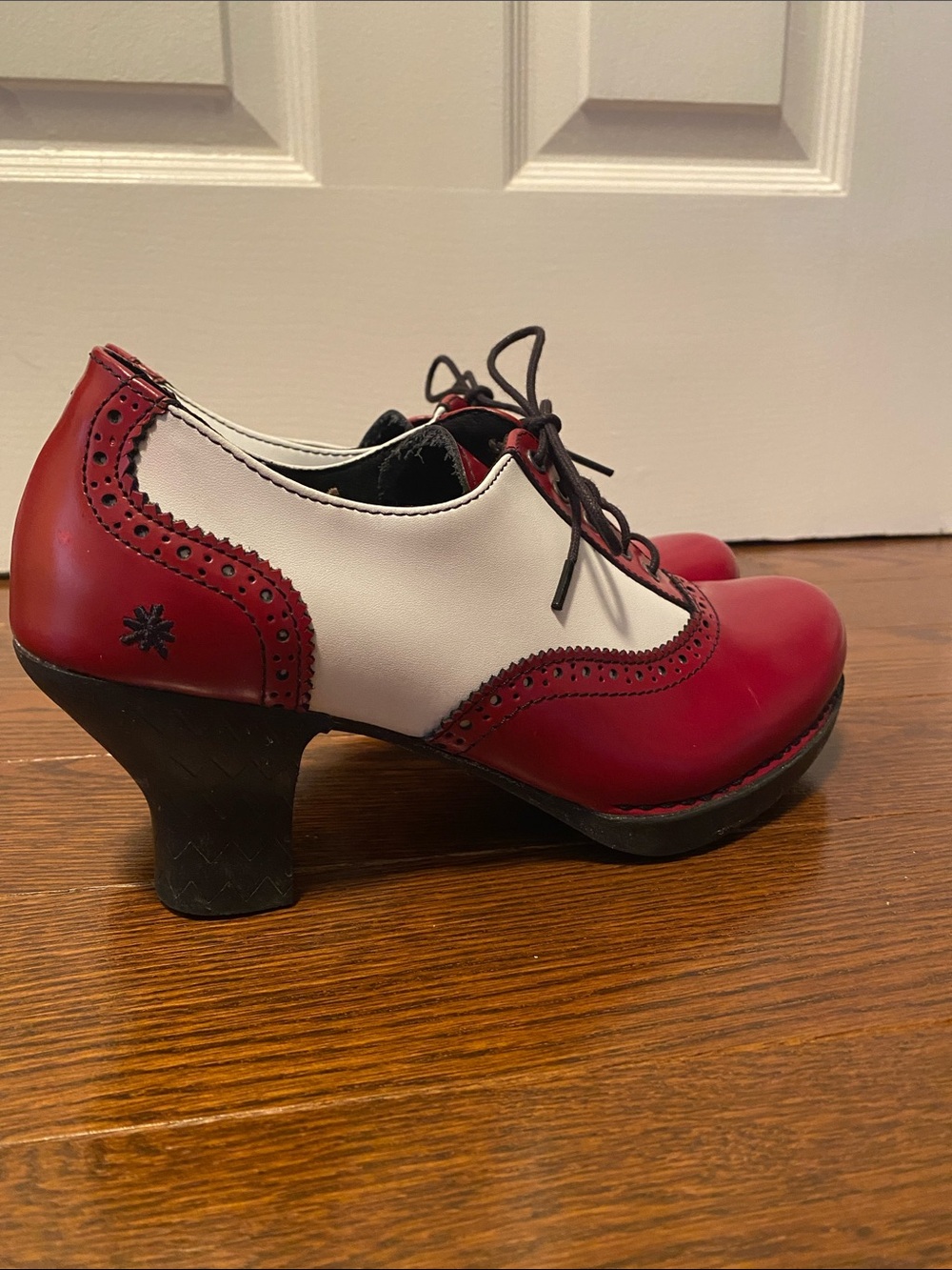 Two-Tone Red and White Lace-Up Women’s Heel - Picture 2 of 5